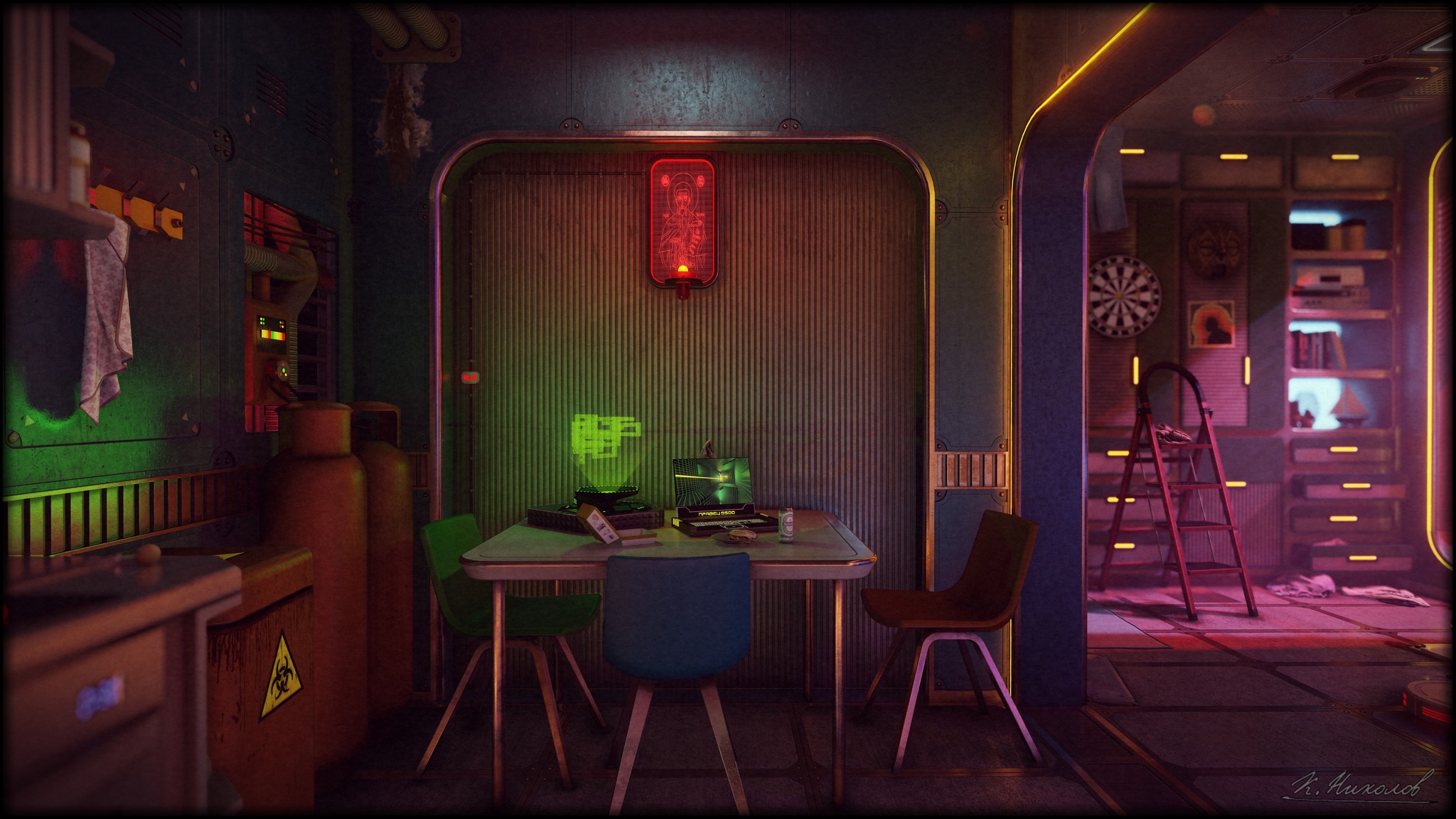 The meme is a screenshot of a 3D video game scene, likely from the game "Cyberpunk 2070". The image shows a dimly lit, futuristic-looking room with a table and chairs in the center, and a large screen on the wall displaying a code-like message that reads "DLC 2.0".